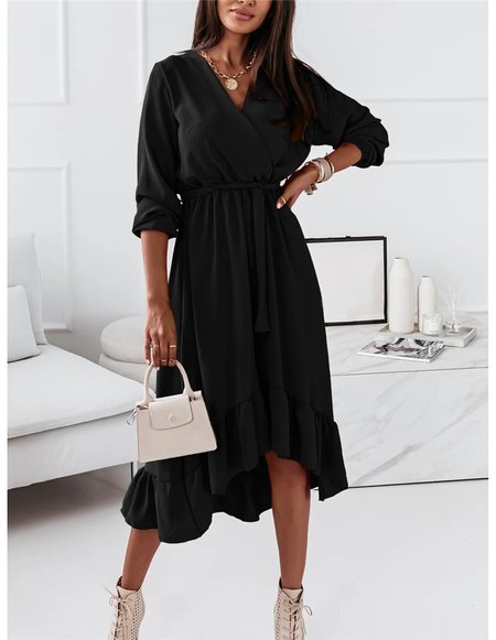 

Casual V Neck Plain Loose Dress With Belt, Black, Dresses