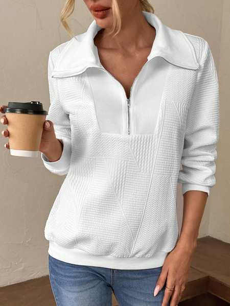 Zipper Plain Loose Casual Sweatshirt, White, Sweatshirts & Hoodies