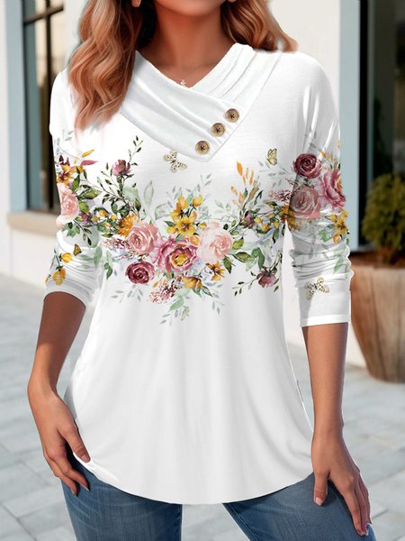 

Jersey Floral Casual Buckle T-Shirt, White, Long sleeves