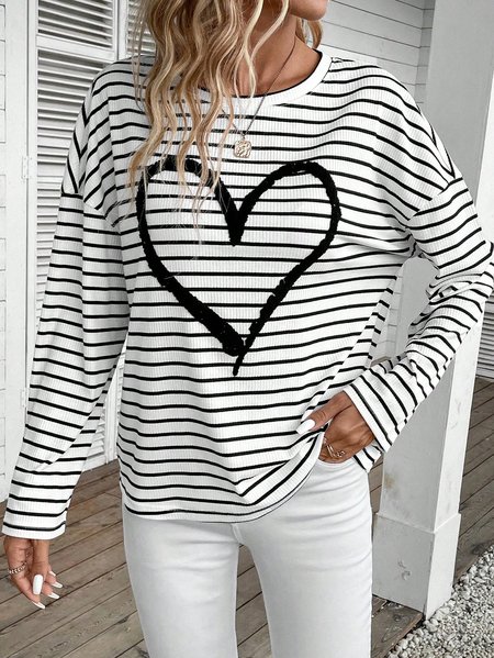 

Casual Crew Neck Knitted Heart/Cordate T-Shirt, White, T-Shirts