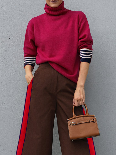 

High Elasticity Color Block Urban Loose Turtleneck Long Sleeve Sweater, Brick red, Pullovers