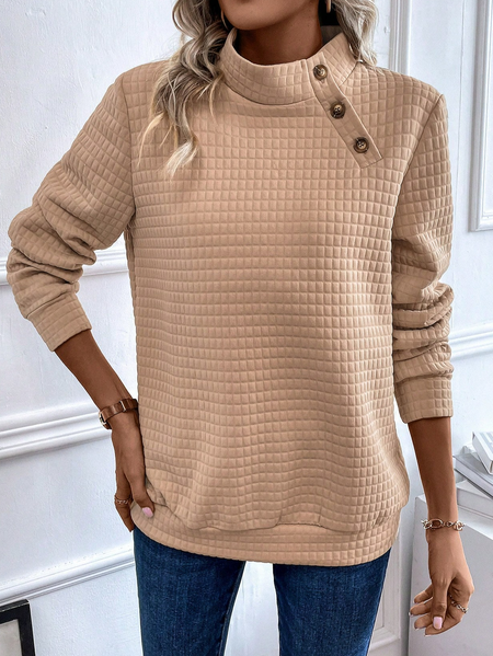 Loose Casual Knitted Plain Sweatshirt, Khaki, Sweatshirts & Hoodies
