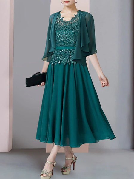 

Elegant Split Joint Plain Two-Piece Set, Green, Party Dresses