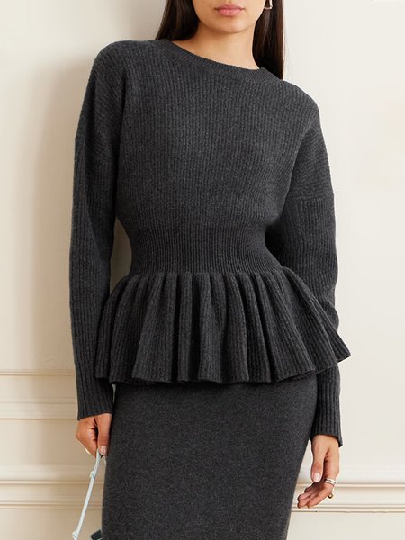 

Crew Neck Plain Long Sleeve Elegant Sweater, Deep gray, Pullovers