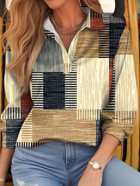 

Shirt Collar Loose Casual Color Block Blouse, Brown, Shirts & Blouses