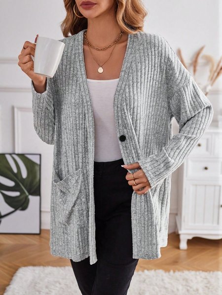 

Plain Knitted Casual Kimono, Gray, Cardigans