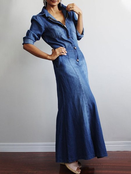 

Long Sleeve Pocket Stitching Casual Denim Dress, Blue, Midi Dresses