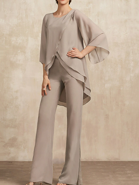 

Irregular Craftsmanship Crew Neck Elegant Chiffon Two-Piece Set, Light khaki, Suit Set