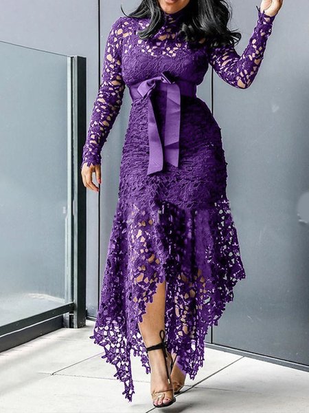 

Elegant Plain Regular Fit Stand Collar Dress, Purple, Maxi Dresses