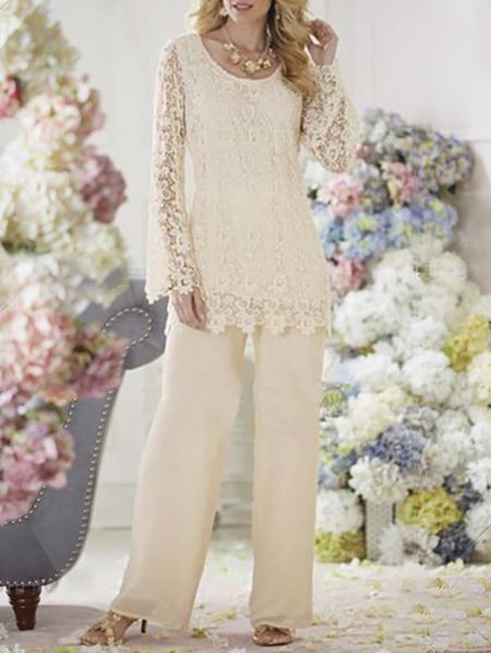 

Loose Elegant Crew Neck Plain Two-Piece Set, Champagne, Suit Set