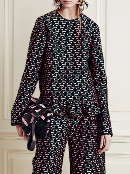 

Crew Neck Geometric Loose Urban Shirt, As picture, Blouses and Shirts