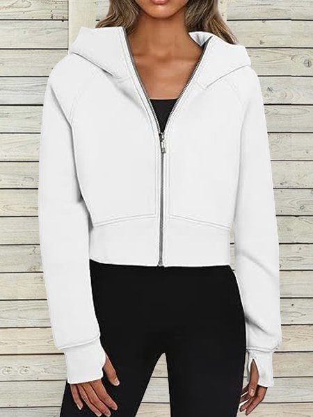

Hooded Loose Plain Casual Jacket, White, Jackets