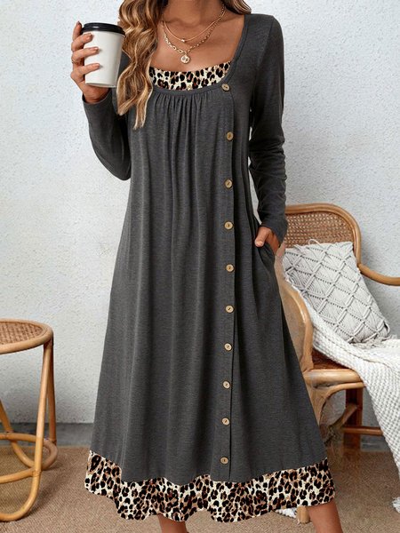 

Casual Leopard Cotton-Blend Ruched Dress, Deep gray, Dresses