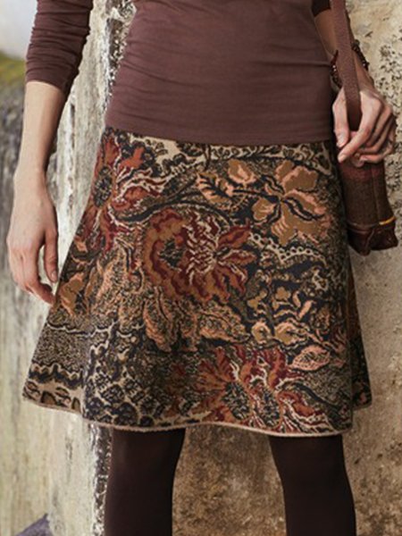 Boho Floral H-Line Natural Short Skirt, Khaki, Skirts