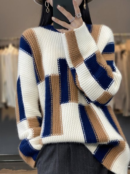 Long Sleeve Geometric Urban Crew Neck Sweater, Off white, Pullovers