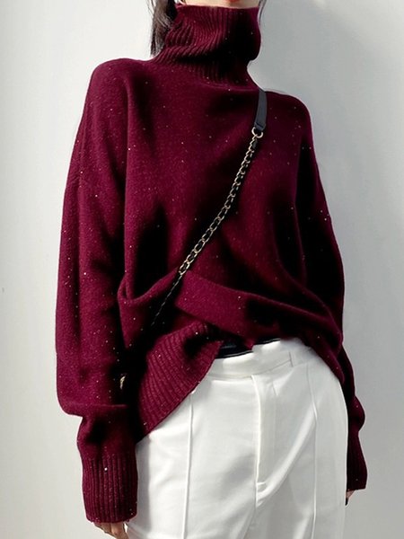 

Simple Loose Turtleneck Plain Urban Sweater, Wine red, Pullovers