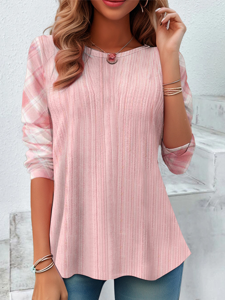 

Women Plaid Crew Neck Casual Long Sleeve T-shirt, Pink, Long Sleeves