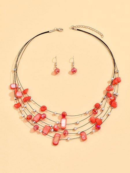 

Boho Multicolor Beads Layered Necklace Earrings Set, Red, Necklace