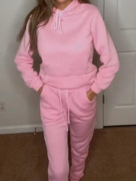 

Casual Cotton-Blend Hoodie Pocket Stitching Two-Piece Set, Pink, Suit Set