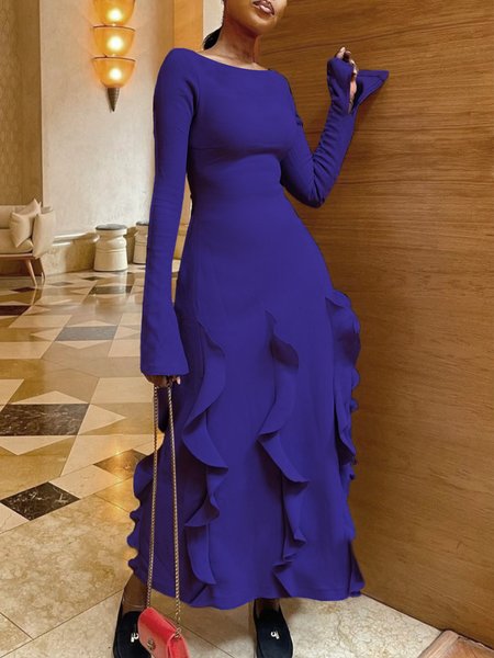 

Long Sleeve Boat Neck Elegant Plain Dress, Purple, Maxi Dresses