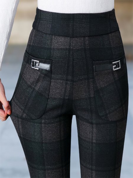 

Plaid Pockets High Elasticity Casual Pants, Black-green, Pants