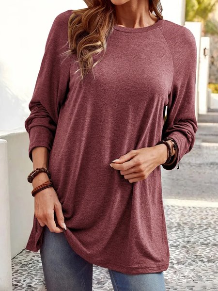 

Women Plain Crew Neck Casual Long Sleeve T-shirt, Wine red, Long Sleeves