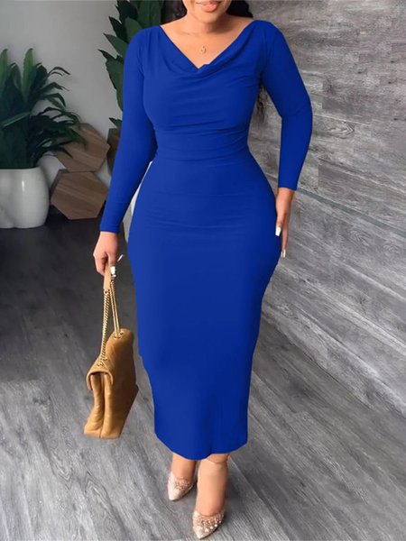 

Regular Fit Long Elegant Plain Dress, Blue, Maxi Dresses