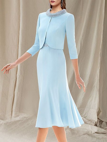 

Plain Elegant Regular Fit Shawl Collar Two-Piece Set, Blue, Party Dresses