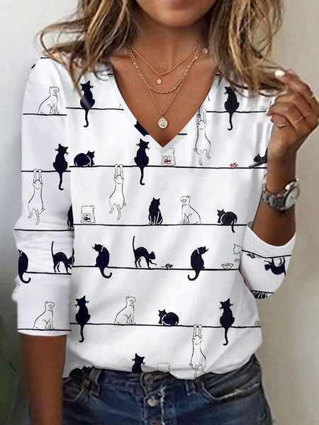 

Plus Size V Neck Casual Loose Knitted T-Shirt, White, T-Shirts