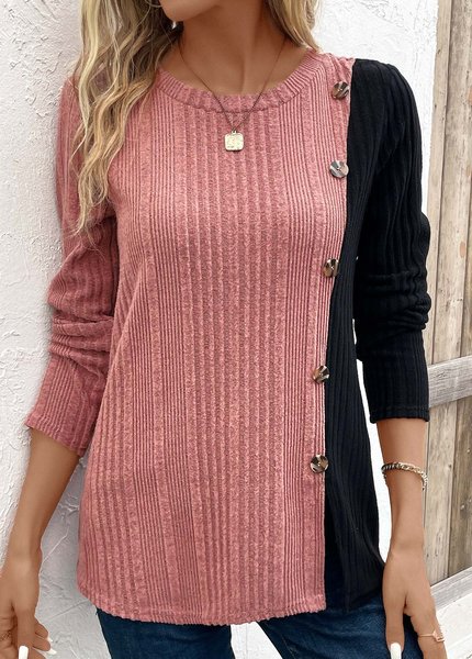 

Casual Contrast Stitching Loose Buckle T-Shirt, Pink, T-Shirts