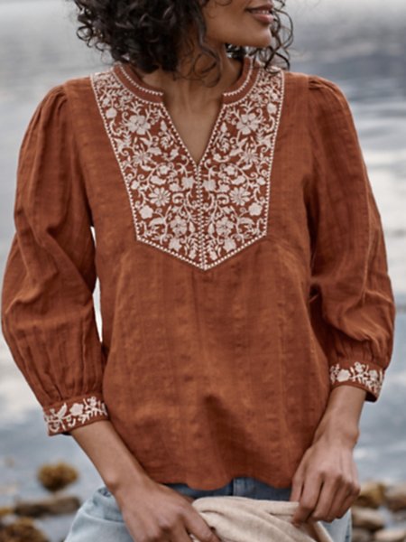 V Neck Three Quarter Sleeve Floral Regular Loose Shirt For Women, Coffee, Shirts