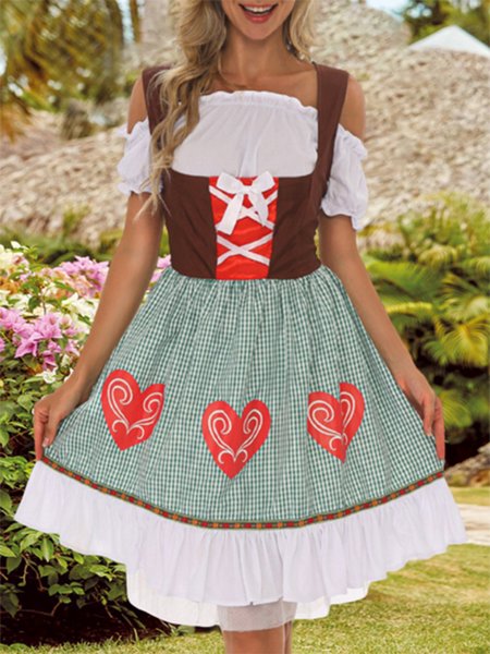 Oktoberfest Bavarian Traditional Beer Short Sleeve Lace up Bow Dress