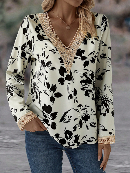 

V neck Lace Loose Floral Shirt, Apricot, Shirts & Blouses