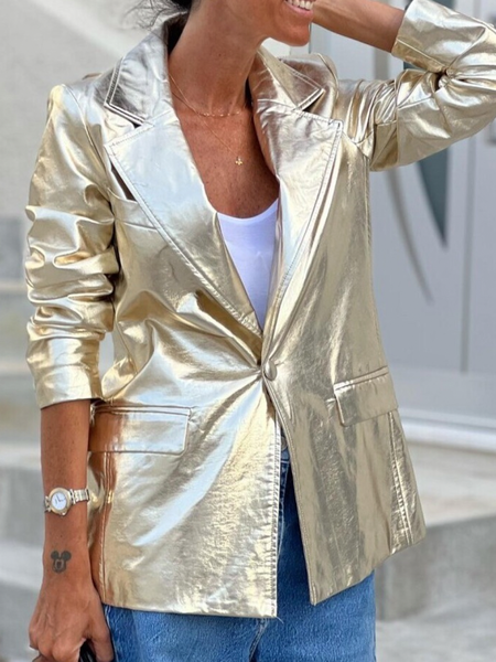 

Loose Urban Lapel Collar Long Sleeve Plain Blazer, Golden, Blazers
