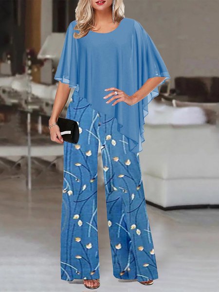 

Elegant Crew Neck Leaf Two-Piece Set, Blue, Suit Set