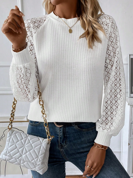 

Crew Neck Lace Loose Casual T-Shirt, White, T-Shirts