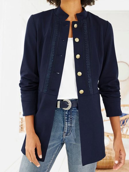 

Casual Plain Stand Collar Jacket, Dark blue, Outerwear