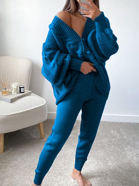 

Plain V Neck Casual Two-Piece Set, Blue, Suit Set
