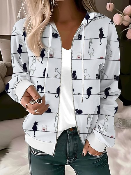 

Cat Knitted Hoodie Casual Loose Jacket, White, Jackets