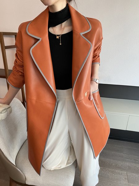 

Long Sleeve Pu Urban Lapel Collar Faux Leather Coat, Orange, Jackets