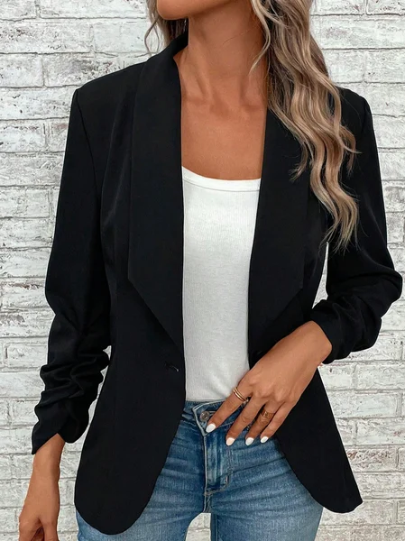 

Buttoned Plain Casual Shawl Collar Ruched Sleeve Open Front Blazer, Black, Blazers