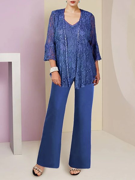 

Lace Wrap Elegant Plain Matching Outfit, Blue, Suit Set