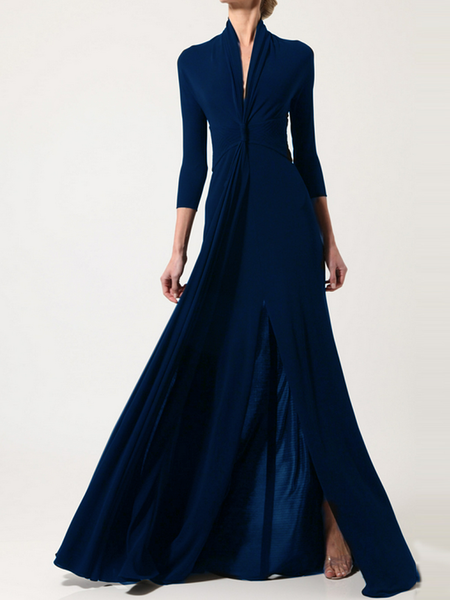 

Loose Plain V Neck Elegant Dress, Blue, Formal Dresses