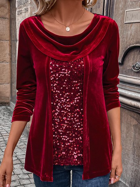 

Velvet Glitter Split Joint Casual Shirt, Red, Shirts & Blouses