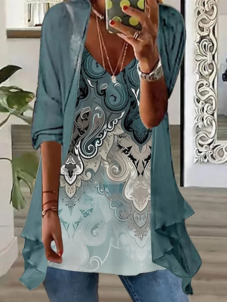

Ethnic V Neck Casual Loose Two-Piece Set, Green, Suit Set
