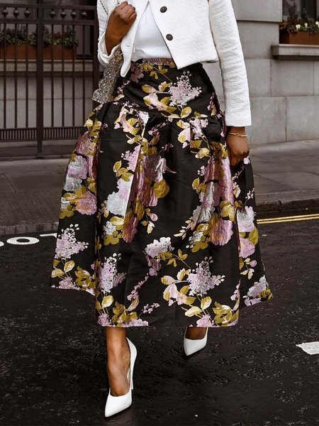 

Elegant Floral Regular Fit Midi Skirt, As picture, Skirts