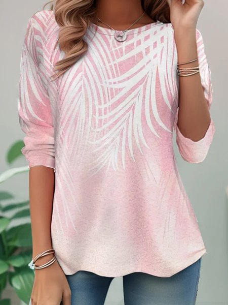 

Plus Size Casual Leaf Loose Crew Neck T-Shirt, Pink, Long sleeves