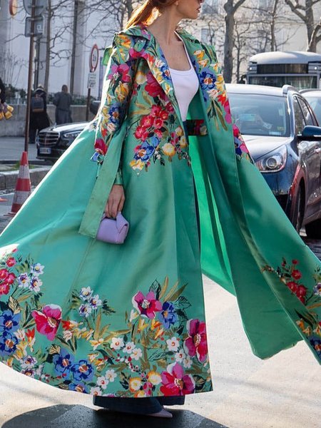 

Floral Urban Lapel Collar Long Sleeve Trench Coat, As picture, Coats