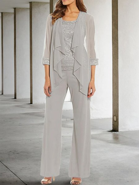 

Lace Elegant Plain Matching Outfit, Gray, Suit Set