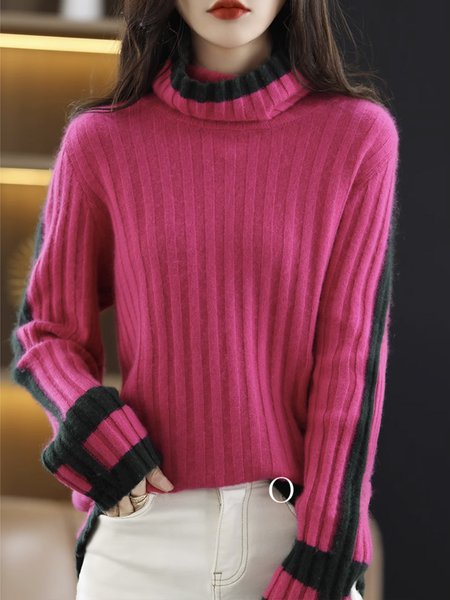 

Color Block Urban Turtleneck Long Sleeve Sweater, Rose red, Pullovers